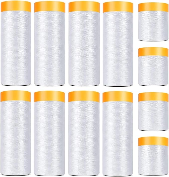 12 Pack Tape and Drape, 3 Sizes Pre-Taped Masking Film Plastic Sheeting Cover Roll, 65.6 Ft/Pack Automotive Painters Masking Tape Film for Furniture, Floor, Skirting