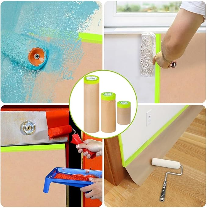 Pre-Taped Painting Masking Paper: 8 Rolls 6 Inch x 50 Feet Tape and Drape Painters Paper, Self-Adhesive Paint Protective Kraft Paper Roll