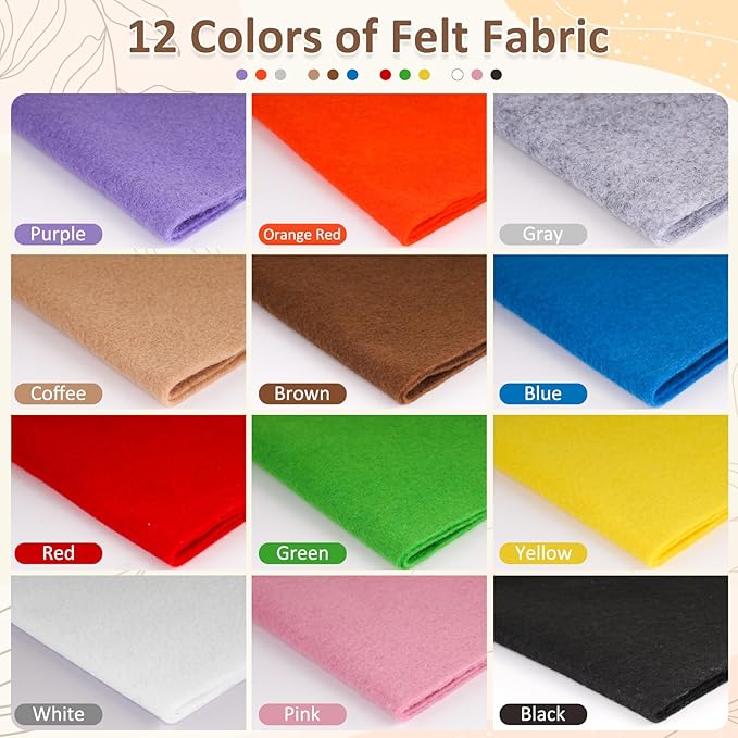 XSEINO 12 Rolls 8"x35"(20.5x90cm) 1.4mm Thick Soft Felt Fabric Sheet 12 Assorted Colors Felt Pack for DIY Craft Sewing Squares Nonwoven Patchwork