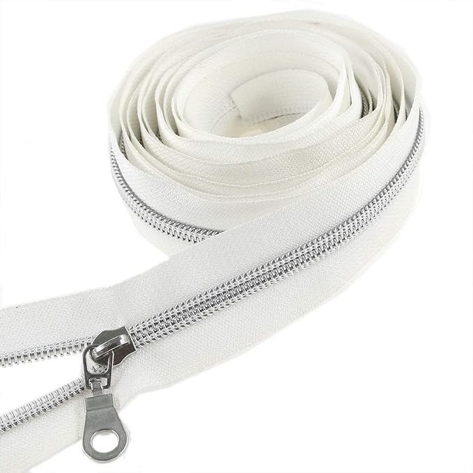 Leekayer #5 Silver Metallic Nylon Coil Zippers by The Yard Bulk 10 Yards White Tape with 25pcs Silver Sliders for DIY Sewing Tailor Craft Bag(White)