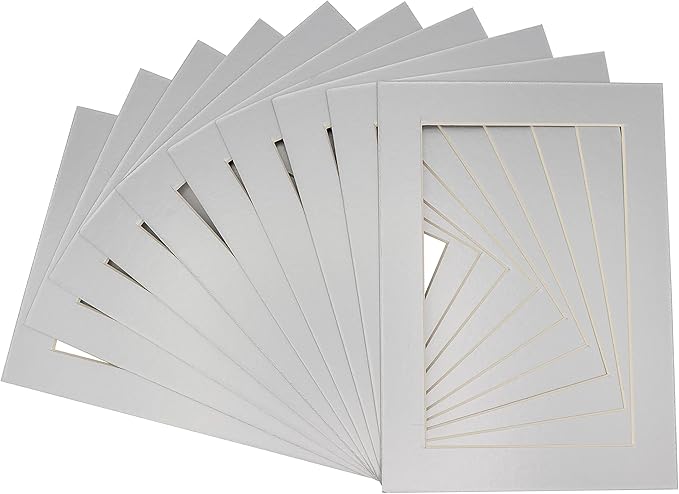 5x7 Mat for 8.5x11 Frame - Precut Mat Board Acid-Free Show Kit with Backing Board, and Clear Bags Metallic Silver 5x7 Photo Matte For a 8.5x11 Picture Frame Matboard for Framing, Pack of 10 Mats
