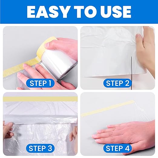 TAPEBEAR Pre-Taped Masking Film 5feet x 90feet(1400mmx 27m), Plastic Cover for Painting, Tape and Drape, Plastic Sheeting for Automotive, Floor, Appliance and Furniture, 3Rolls
