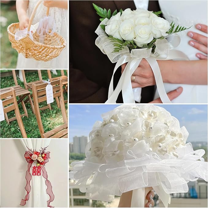 Ribbon for Gift Wrapping 3/4 inch White Sheer Organza Ribbon for Flower Bouquet Tulle Thin Chiffon Ribbons for Wedding Invitations Christmas Halloween Presents Decorations Crafts 50 Yards
