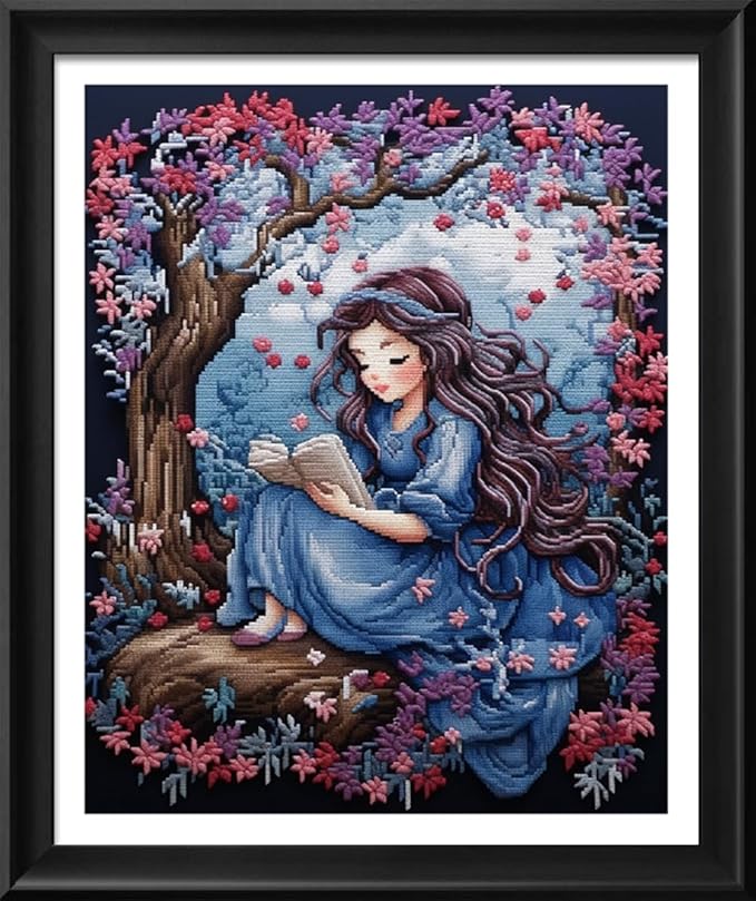 Leczany Cross Stitch Stamped Kit for Adults or Kids - A Little Girl Reading | DIY Embroidery Starter Patterns Craft Kit Needlepoint for Beginner | 11CT, 3 Strands | 13.4x16.5 inches