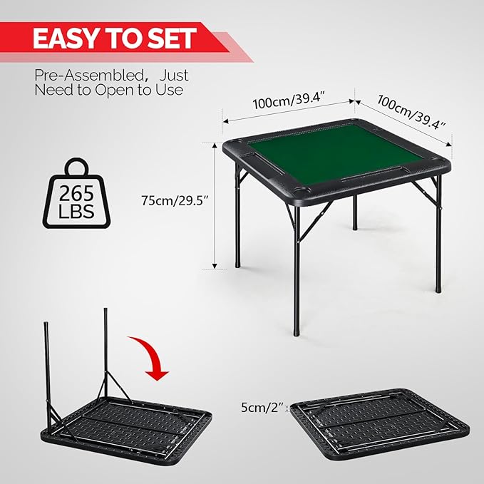 PEXMOR 39.5" Foldable Mahjong Table, Square 4 Player Card Game Table w/Cup Holders & Chip Grooves, Portable Folding Poker Domino Board Game Table for Blackjack, Texas Hold'em, Jigsaw Puzzles Game