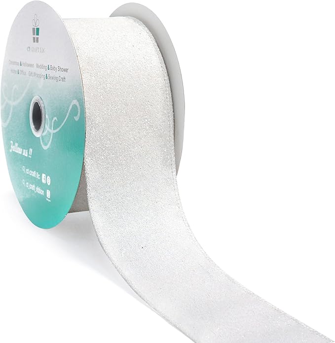 CT CRAFT LLC Glitter Wired Ribbon 2.5" x 20 Yards White for Christmas Home Decor Bow Gift Wrapping DIY Crafts Wreath