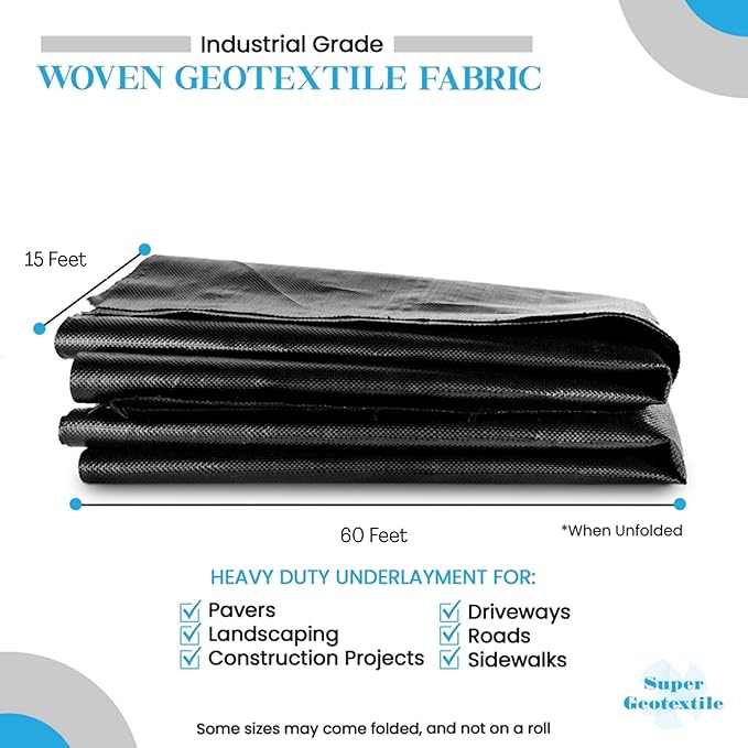 Woven Geotextile Fabric for Driveway and Road Stabilization, Construction Underlayment, Erosion Control, Commercial Grade 50 Year for Gravel Roads and Pavers (15x60) Ships Folded