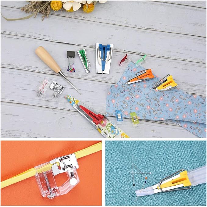 LUNARM Bias Tape Tool Kit with Instruction, 5 Sizes Bias Tape Maker (6mm 9mm 12mm 18mm 25mm) with 4 Pcs Sewing Machine Presser Foot, Sewing Clips, Ball Point Pins, Awl, for Fabric Sewing and Quilting
