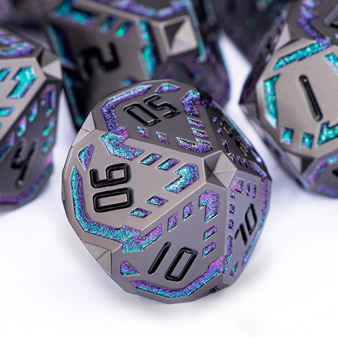 Metal DND Sci-fi Dice Set 7PCS Stripe Polyhedral Dice for Dungeons Dragons RPG Role Playing Game, Glitter D and D Dice with Gift Box D6 D8 D10 D12 D20 (Black&Green Purple)