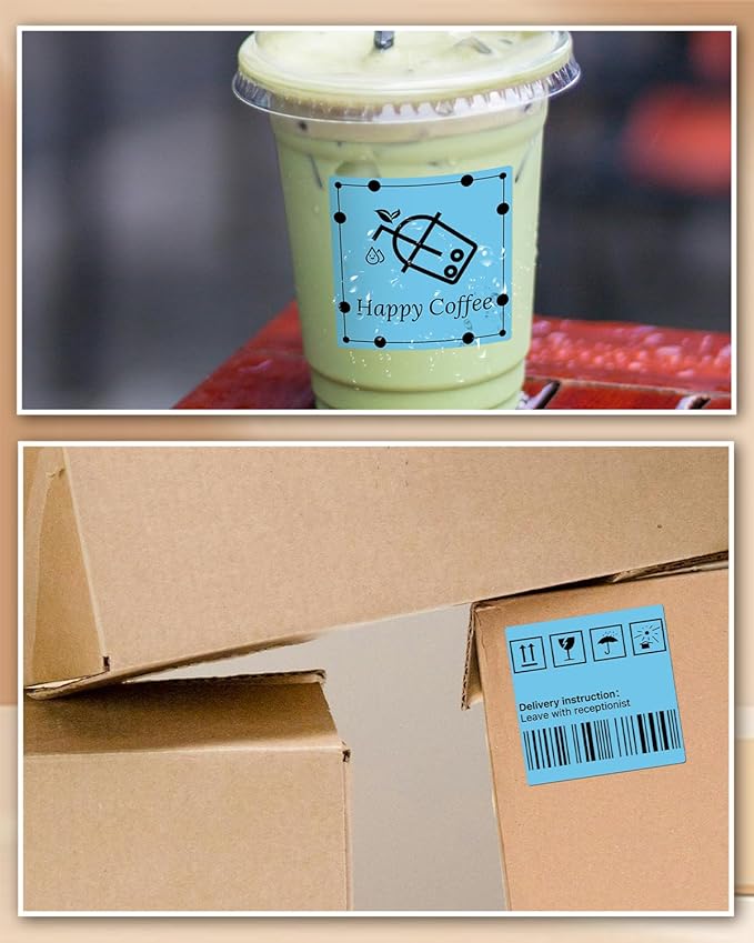 iEager Blue Square Thermal Label Stickers, 3" x 3" Self-Adhesive Square Direct Thermal Labels with Perforation Line, 500 Sheets/Roll