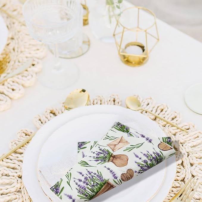 Paper Napkins 80 Pack 2 Ply Floral Beverage Luncheon Dinner Paper Napkins Lavender Print Disposable Napkins for Wedding Anniversary Celebrations, 6.5X6.5 Inches Folded