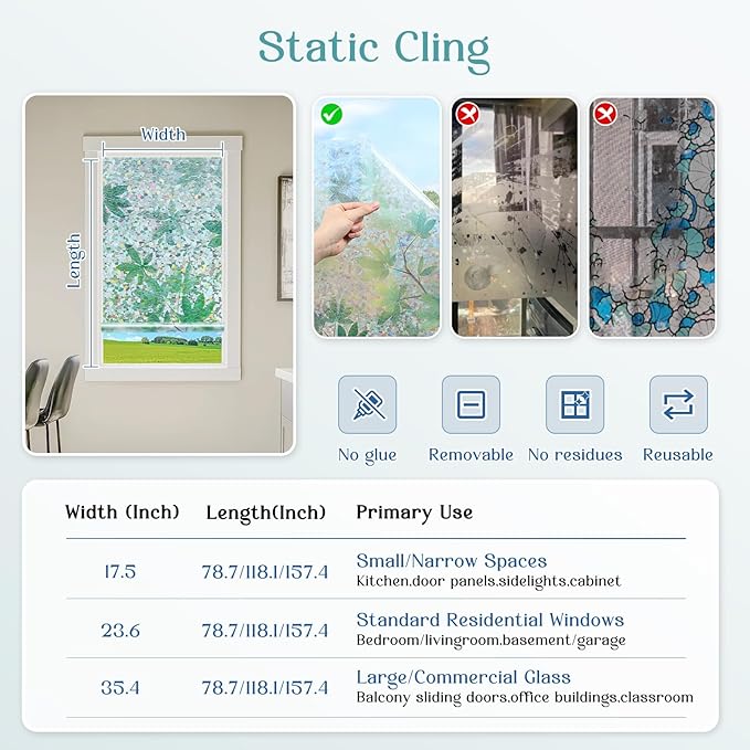 Haton Window Privacy Film, Decorative Stained Glass Window Clings, 3D UV Sun Blocking Sticker, Removable Static Cling Heat Control Tint for Home Door, Leaf Rainbow, 17.5" x 78.7" Non-Adhesive