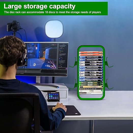 wigmoa OYO-1【15.8INCH】 game Storage Tower Compatible with PS5/ Xbox Series S & X/Switch, Universal Video Games Discs Organizers 18 PCS with 4 Controllers Holder, Game Disk Box Stand. (Black/Green)