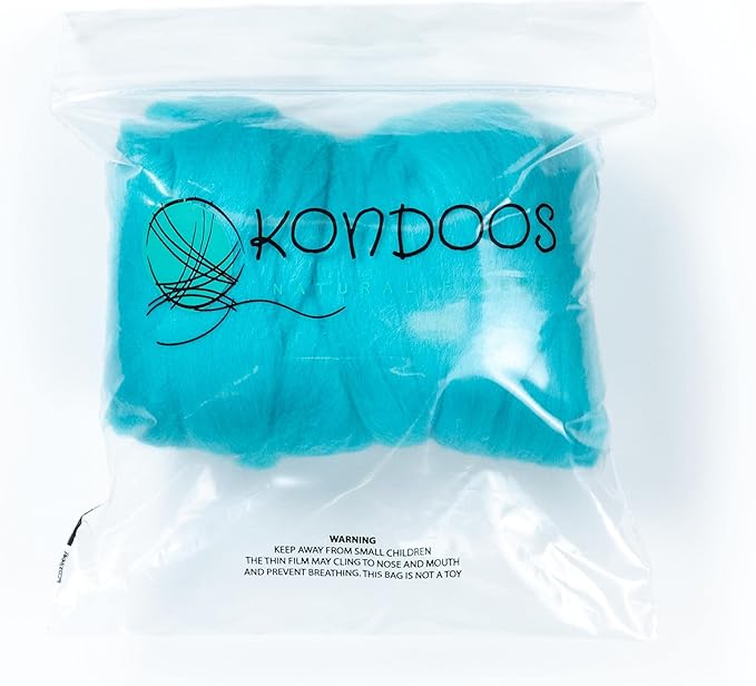 Kondoos Colored Natural Wool roving, 8 OZ. Best Wool for Needle Felting, Wet Felting, handcrafts and Spinning. (Cyan)