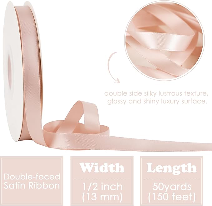 HUIHUANG Rose Gold Satin Ribbon 1/2 inch X 50 Yards Continuous, Rose Gold Pink Double-Faced Satin Ribbon for Gift Wrapping, Bows, DIY Crafts, Flower Bouquet, Wedding Decor, Christmas Decoration