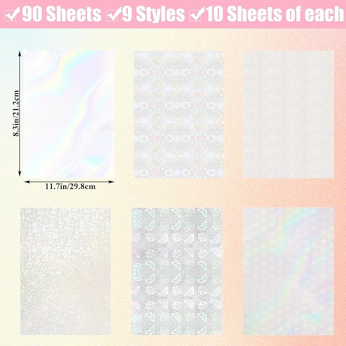 STARVAST 90 Sheets Holographic Sticker Paper, Transparent Holographic Vinyl Laminate Sheets, Self Adhesive A4 Size Printable Holographic Paper with Gem Rainbow Spot Star Patterns
