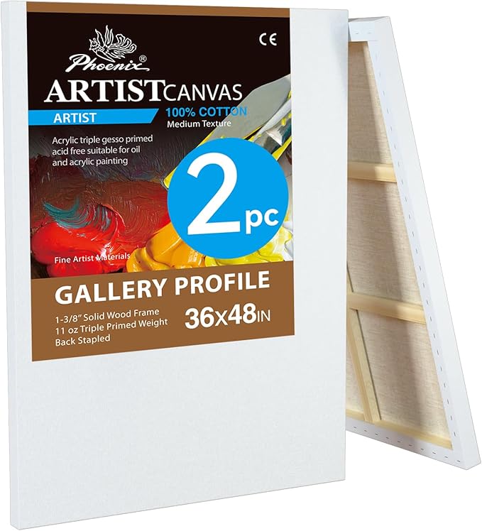 PHOENIX 36x48 Inch 2 Pack Gallery Canvas - 1.5 in Thick Extra Large Canvases for Painting - Deep Edge 100% Cotton 11 Oz. Gesso Primed White Blank Professional Canvas Oil & Acrylic Paints