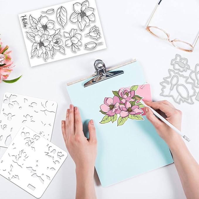 ORIGACH Realistic Magnolia Flower Stamps and Die and Layering Coloring Stencil Bundle for Card Making Album Arts Crafts Supplies
