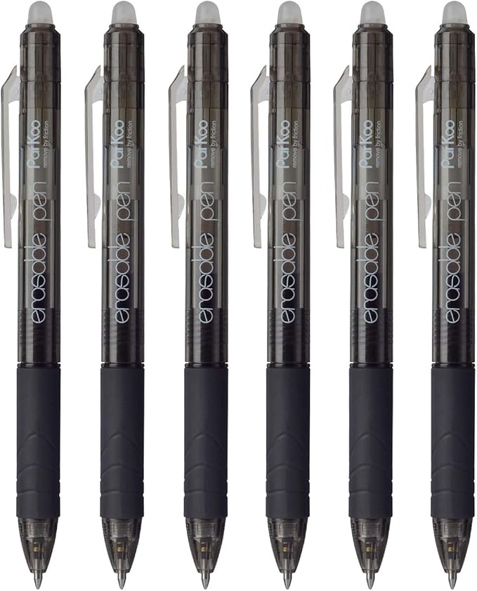 ParKoo Retractable Erasable Gel Pens Clicker, Fine Point, Make Mistake Disappear, Black Ink for Note Taking and Crossword Puzzles, 6-Pack