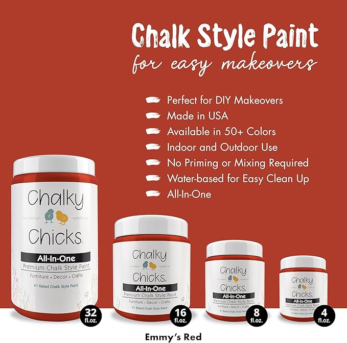 Chalky Chicks All-in-One Chalk Paint for Furniture or Cabinet - 4 Fl Oz - Matte Finish Emmy's Red (Orange Red) for Metal, Wood Furniture Paint - No Sanding All-in-One for Home Decor & Crafts, USA Made
