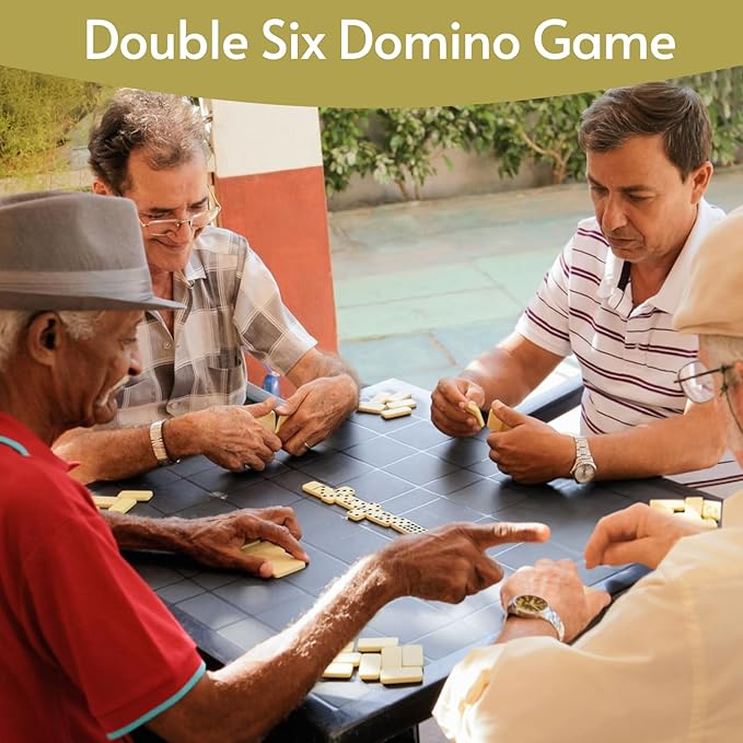 Double 6 Dominos Set for Adults with 4 Wooden Racks & 28 Tiles Travel Dominoes Set Classic Board Game for Family Game Night
