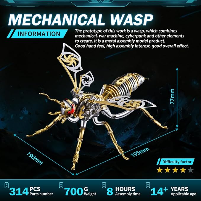 3D Puzzles for Adults, Metal Model Kit Wasp Mechanical Puzzle for Adults/Teens, DIY Creative Craft Gifts Kits Difficult Assembled 3D Puzzle for Family Time, Home Decor (Gold)