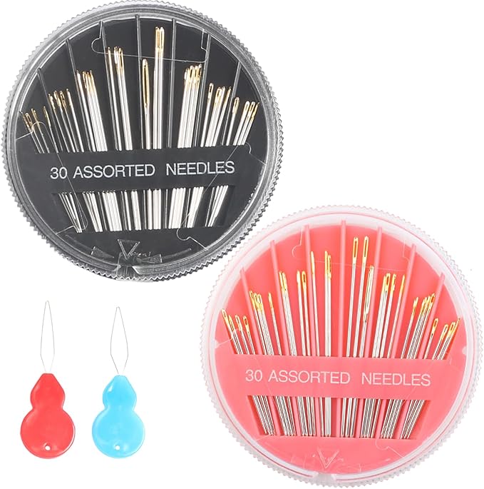 Eketirry 60pcs Premium Hand Sewing Needles，2 Pack 30-Count Assorted Needles for Sewing Repair, 6 Different Sizes Sewing Needles with 2 Threaders (Pink& Black,1)