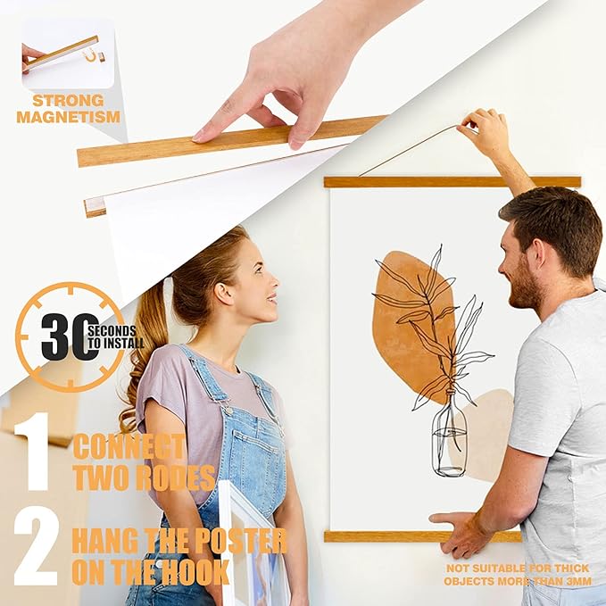 Ywlake Magnetic Poster Hanger, 32x24 32x48 32x23 Poster Frame Wood Wooden Magnet Print Posters Dowel Scroll Hanger Hangers Hanging Kit for Walls Map Canvas Artwork (Teak Wood, 32")