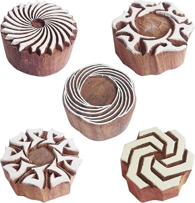 Royal Kraft Round Wooden Printing Stamps (Set of 5) - DIY Henna Fabric Textile Paper Clay Pottery Blocks Htag2210