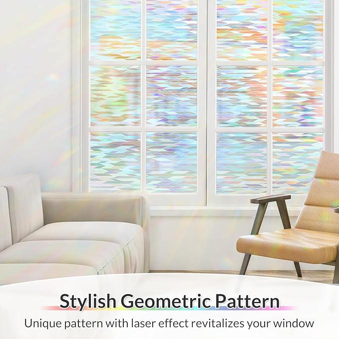 rabbitgoo Window Privacy Film with Installation Tools, Stained Glass Window Film Rainbow Prism Decorative Glass Clings for Home Decor, Static Cling Covering Sun Blocking, 17.5" x 118.1"