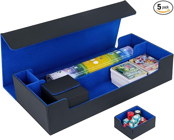 Card Deck Box,X-Large Premium Trading Card Storage Case with Mat and Dice Compartment,Magnetic Game Deck Display Case Compatible with MTG/TCG/Yugioh/Magic/Commander(Black＆Blue)