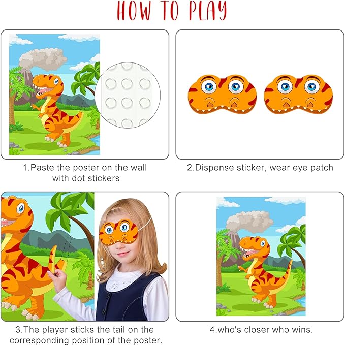 ASTARON Pin The Tail on The Dinosaur Party Game with 30 Tail Stickers for Dinosaur Birthday Party Supplies Pin Game, Boys Party Dinosaur Favors Decorations for Christmas