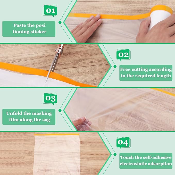 3 Pack Tape and Drape, 5x65.6 Ft Pre-Taped Masking Film for Auto Painting Covering, Plastic Pre-Adhesived Dust Paint Protective Drop Film for Furniture, Car, Floor