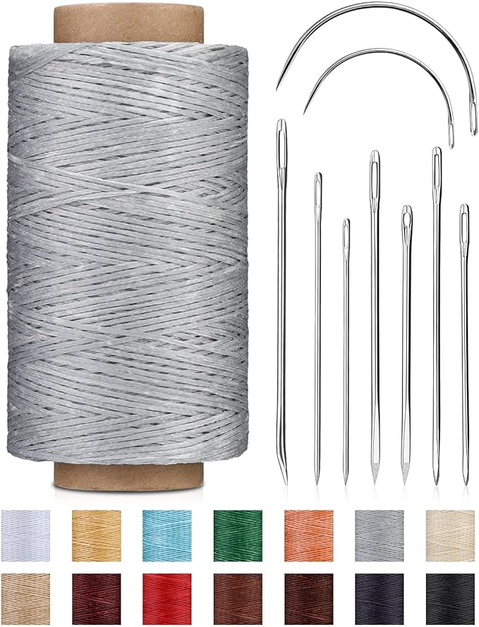 DIUDUS 218 Yards Waxed Thread, Upholstery Thread Heavy Duty for Hand Sewing with Heavy Duty Sewing Needles, Leather Repair kit for Furniture Shoes Bags Sofa (Light Gray)