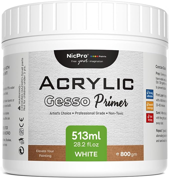 Nicpro White Gesso Primer for Acrylic Painting(28.2 Oz / 513ML), Excellent Coverage, Gesso Surface Prep Medium for Acrylic Paint & Oil Paint, Heavy Gesso Primer for Canvas, Wood, Paper, Plastic
