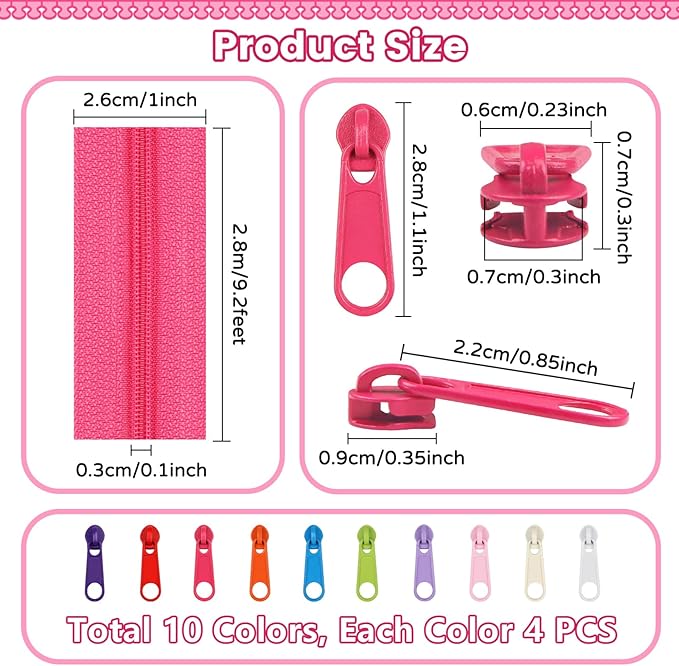 DOITEM 31 Yards 10 Pieces Sewing Zippers #3 Nylon Coil Zippers 10 Colors Assorted Zipper for Sewing with 40 Zipper Sliders for DIY Tailor Sewing Crafts Supplies,