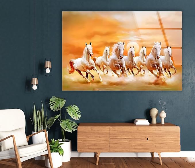 My Photostation.com 60WX40H'' White Horses Running on Sunset Glass Wall ArtTempered Glass Printing Wall Decor Large Wall Art Wall Hangings