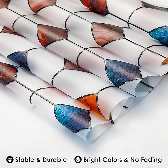 DKTIE Stained Glass Window Film Geometric Patterns, Fine Frosted Window Clings for Glass Windows, Waterproof for Bathroom Window Privacy Film Day and Night (S533, 35.4in X 78.7in)