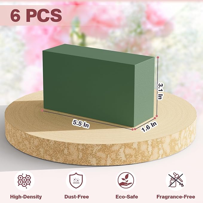 New 2025 6-Pack Floral Foam Blocks, Florist Green Foam for Flower Arrangements, Wet & Dry Styrofoam for Fresh and Artificial Flowers, Premium Plant Sponge Foam for Planters (5.5"L X 3.1"W X 1.6"H)