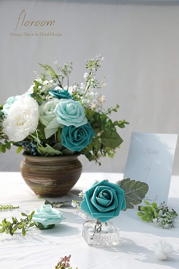 Floroom Artificial Flowers 25pcs Real Looking Green Ombre Colors Foam Fake Roses with Stems for DIY Wedding Bouquets Bridal Shower Centerpieces Floral Arrangements Party Tables Home Decorations