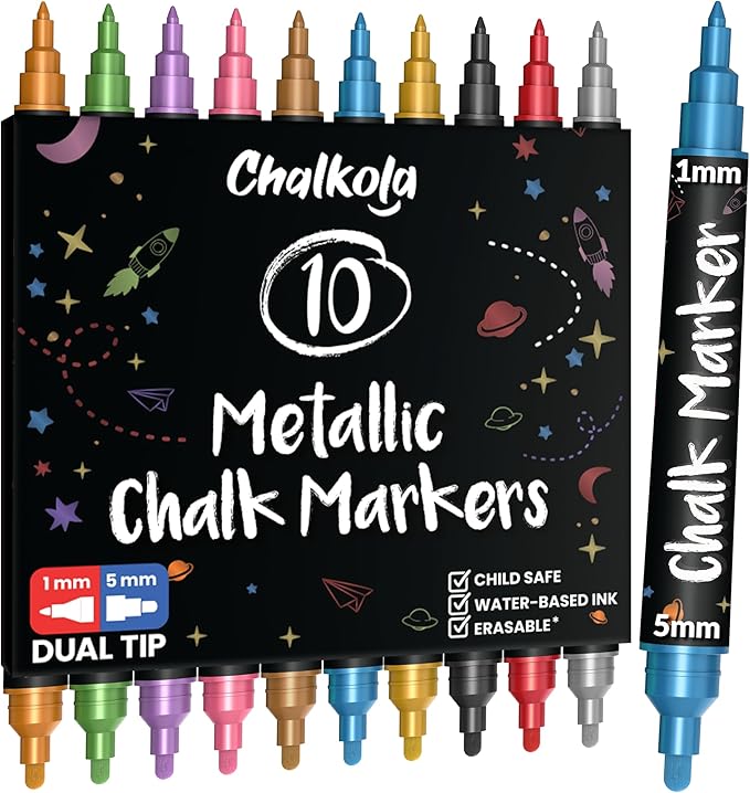 Chalkola Dual Tip Liquid Chalk Markers for Blackboard (10 Metallic Colors, 1mm+5mm Fine, Bold) - Dry Erase Marker Pens for Chalkboards Signs, Car Windows, Glass, Mirrors - Erasable Chalkboard Markers