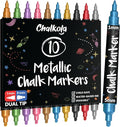 Chalkola Dual Tip Liquid Chalk Markers for Blackboard (10 Metallic Colors, 1mm+5mm Fine, Bold) - Dry Erase Marker Pens for Chalkboards Signs, Car Windows, Glass, Mirrors - Erasable Chalkboard Markers