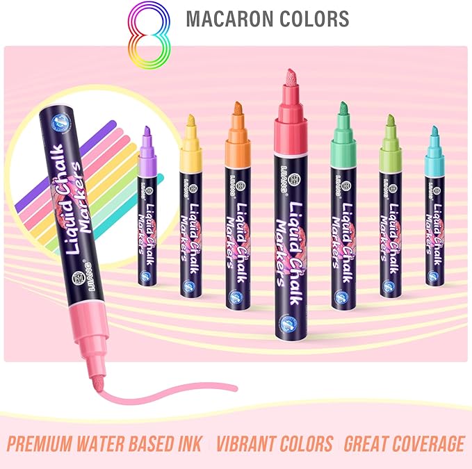 Pastel Chalk Markers Erasable for Chalkboard, Liquid Chalk Marker 8 Colors with 6mm Reversible Bullet & Chisel Tip, Dust Free Chalk Pens for Window, Blackboard, Whiteboard, Calendar, Mirror, Glass