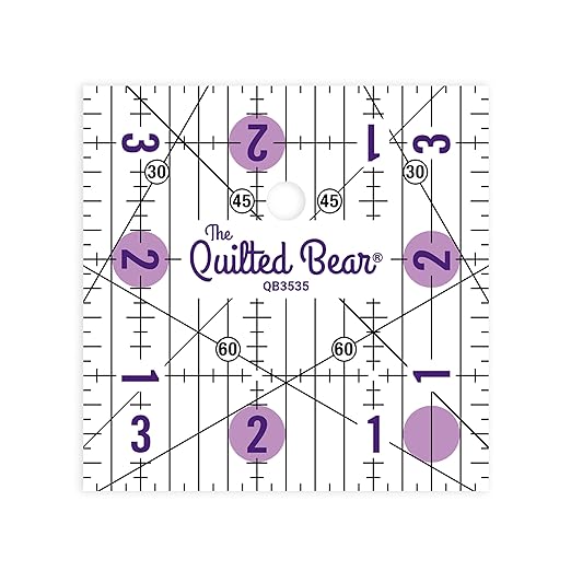 The Quilted Bear Quilting Rulers - Transparent Acrylic Non Slip Quilting, Patchwork & Sewing Ruler with Clear Black Lines & 30, 45 & 60 Degree Angles for Perfect Accuracy & Precision (3.5" x 3.5")