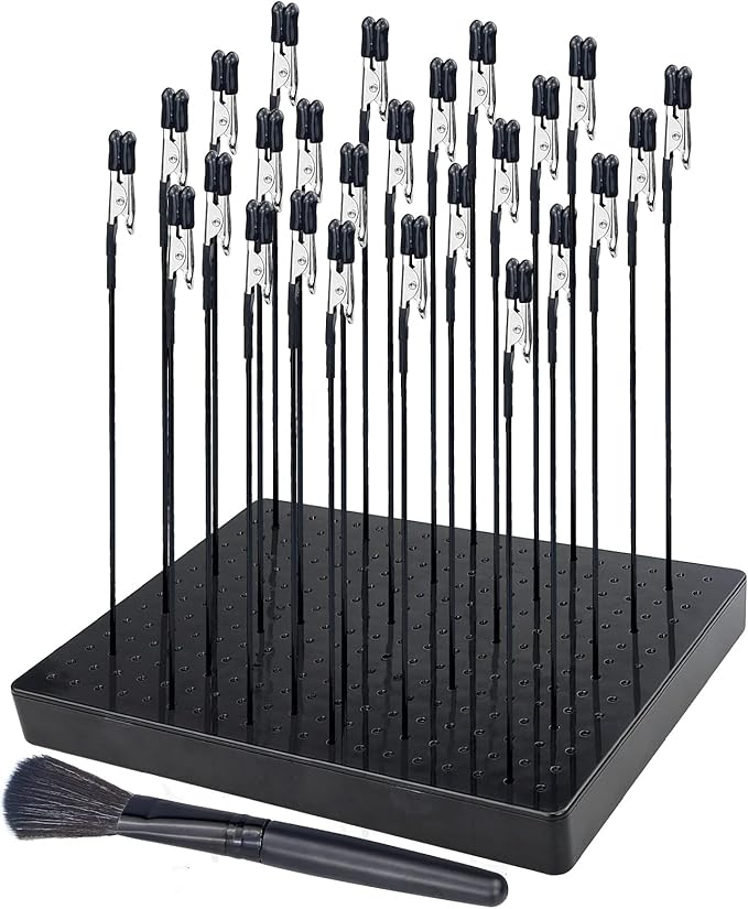 LAMXD Model Painting Stand Base (19 x 14 Holes) and 26PCS Alligator Clip Sticks Set (with Rubber Tips) Modeling Tools for Airbrush Spray, for Model Parts Holder (7.87 x 5.9Inch)