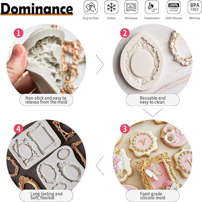 Growtail Photo Frame Silicone Fondant Molds,Picture Frames Chocolate Mold for Crafts,Sugarcraft Cupcake Topper,Polymer Clay Set of 5