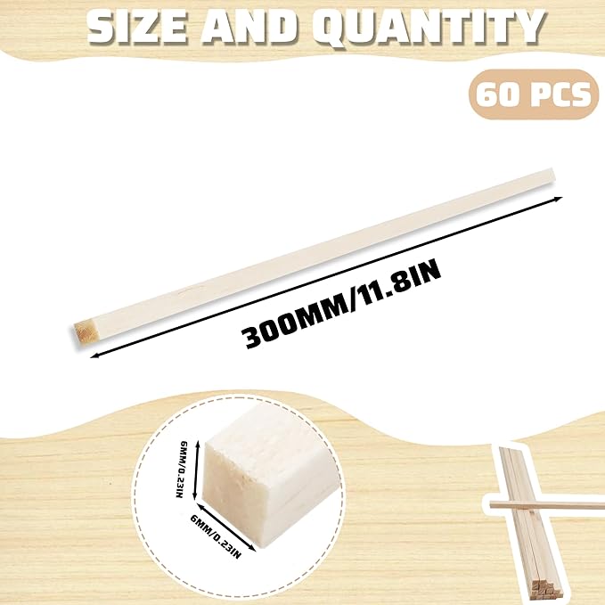 60Pcs Balsa Wood Square Dowels 1/4 x 1/4 x 12 inch ，DIY Balsa Wood Sticks for Crafts Model Making (1/4"x12"-60pcs)