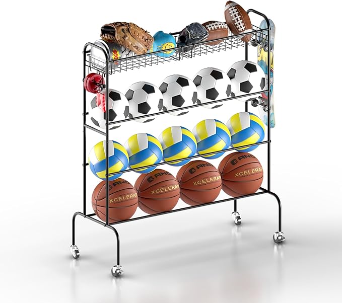 Ball Storage - 22.83" Basketball Cart With Wheels Garage Volleyball Storage Sport Equipment Holder Organizer For Indoor Outdoor,Metal Storage Rack For Playgroup,Gym And School
