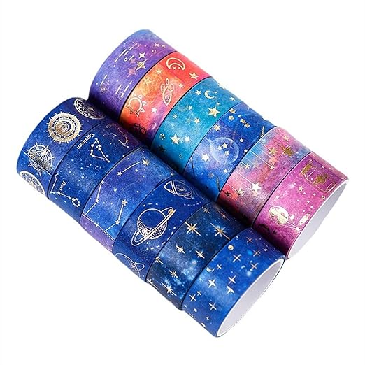 12 Rolls Galaxy Washi Tape Set, Gold Foil Decorative Masking Tape for Scrapbooking, Bullet Journal, Planner, DIY Crafts, Gift Wrapping