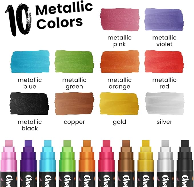 10mm Metallic Chalk Markers (10 Pack) Liquid Chalk Pens - For Blackboards, Chalkboard, Bistro Menu, Window - Wet Wipe Erasable Car Window Markers - 10mm 3-in-1 Wide Nib